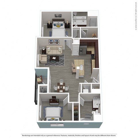 Floor plan for 2 beds, 2 baths, 1040 sqft